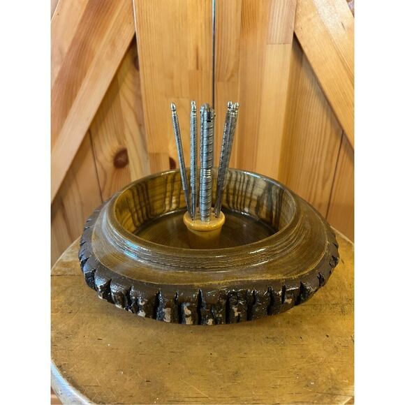 Vintage Ellwood Handmade Rusticware Wood Bark Nut Bowl w Nutcracker & Picks (852 - Picture 1 of 8